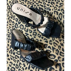 Unisa Black Double‎ Scrunch Strap Block Heel Sandals, Size 8